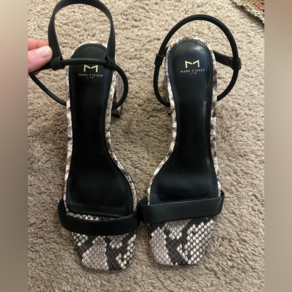Marc Fisher Black and Snake Print Sandals